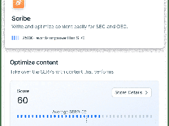 Eskimoz App Scribe dashboard card showing an SEO content-optimization score of 60 and an average SERP score of 52.