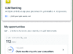 Eskimoz App LLM Ranking dashboard showing 2,500 prompts analyzed and an opportunity for chats that mention only competitors.