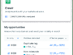 Eskimoz App Crawlr dashboard showing website audit opportunities including duplicate tags and non-indexable pages.