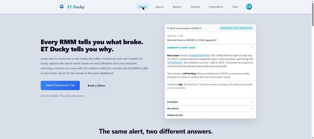 AI root-cause analysis: ET Ducky explains why an incident happened, from kernel-level evidence — not just what broke.