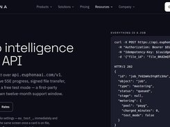 Developer API: one REST contract at api.euphonaai.com/v1 with async jobs and a free test mode