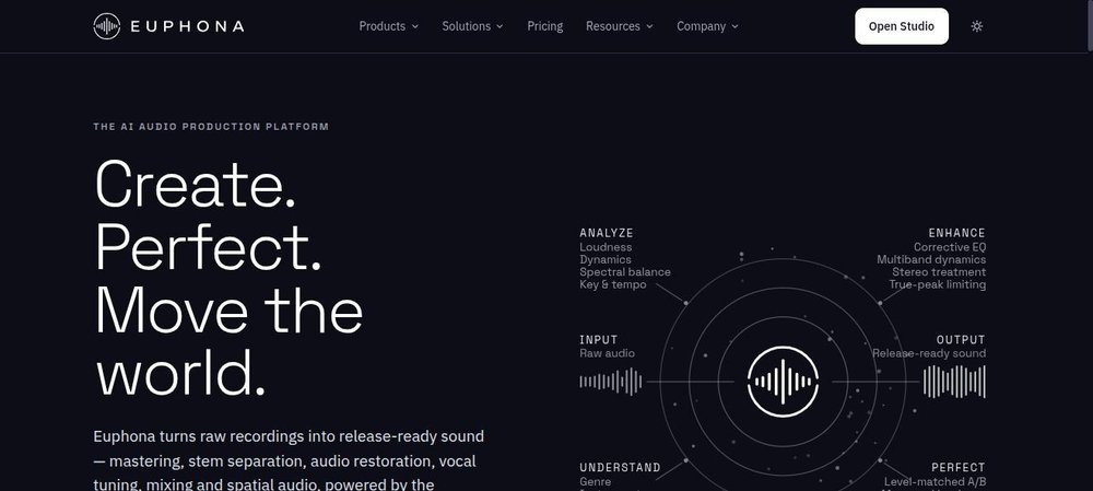 Euphona homepage: one platform for mastering, stem separation, restoration, vocal tuning, mixing and spatial audio