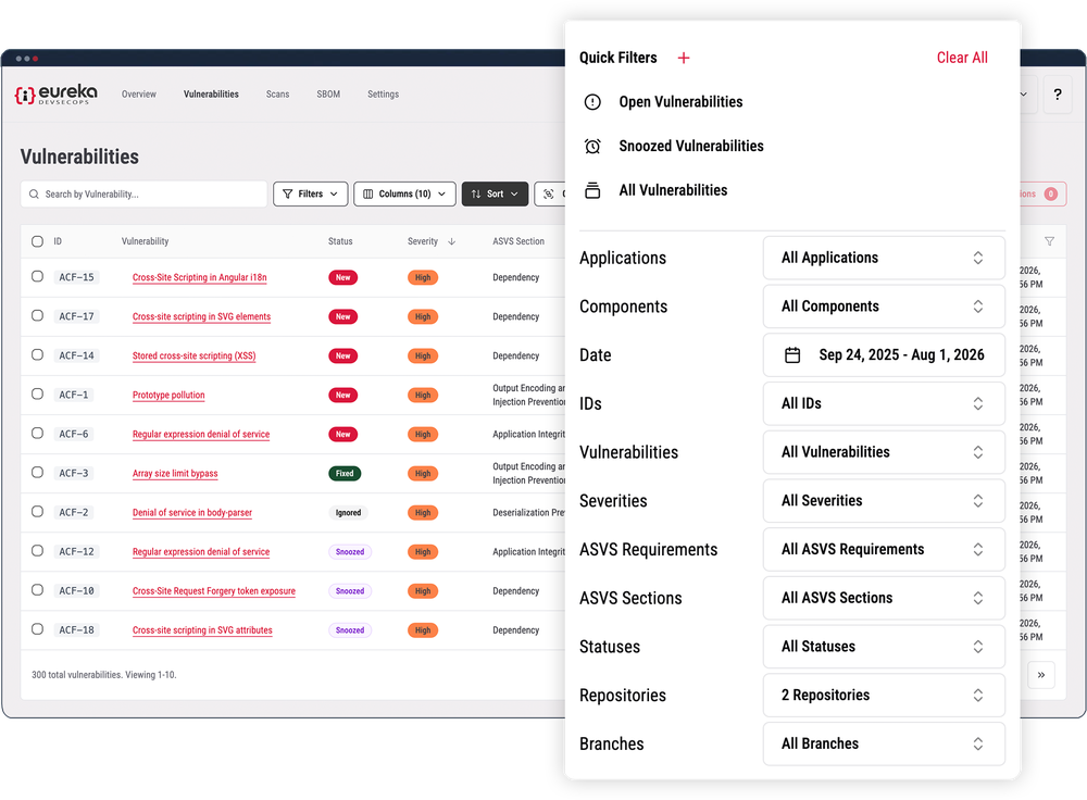 Vulnerability list with quick filters for status, application, severity, repository, and branch.