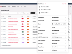 Vulnerability list with quick filters for status, application, severity, repository, and branch.