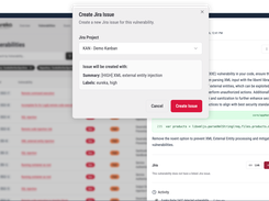 Create Jira Issue dialog for an XML external entity injection vulnerability.