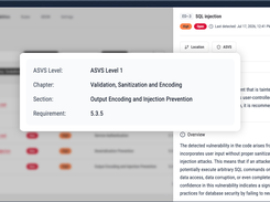 SQL injection finding with an ASVS classification panel for validation and injection prevention.