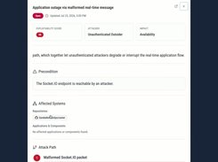 Vulnerability detail showing exploitability score, attacker type, impact, affected repository, and attack path.