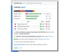 The evalship comment on a pull request: what broke, the likely cause, flaky evals set aside