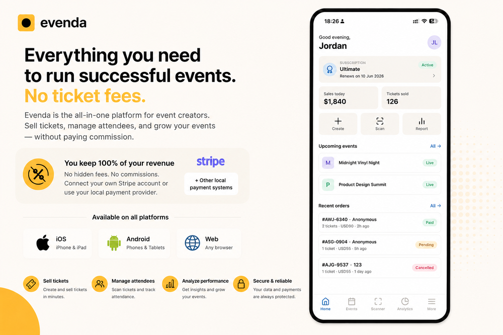 Evenda is an all-in-one event platform for iOS, Android, and Web. Sell tickets with 0% platform commission by connecting your own Stripe or local payment provider. Keep 100% of your ticket revenue.