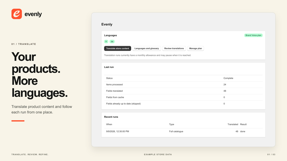 Evenly translation dashboard with French and German language chips, buttons for translating store content and reviewing translations, a completed translation-run summary, and recent-run results.