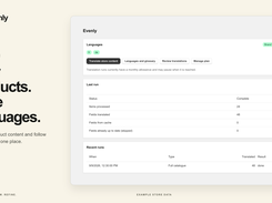 Evenly translation dashboard with French and German language chips, buttons for translating store content and reviewing translations, a completed translation-run summary, and recent-run results.