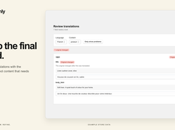 Evenly translation-review interface with language and content filters, an original-changed alert, and English product text paired with editable French translations.