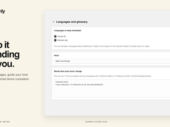 Evenly Languages and glossary settings page with French and German selected, a “Warm and friendly” voice selector, and a text area for terms that must not change.