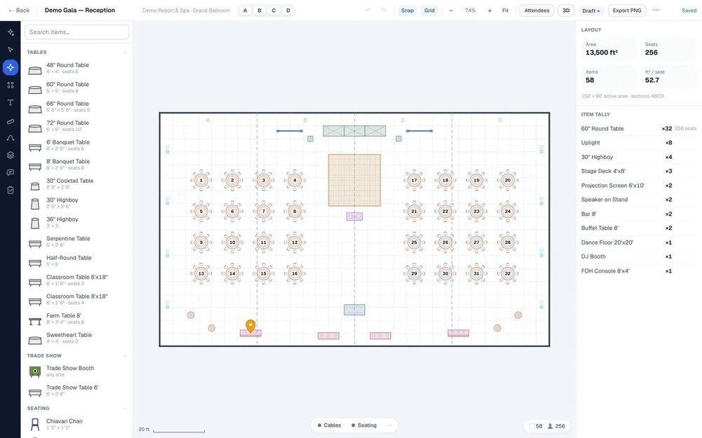 To-scale 2D event diagram editor: drag-and-drop tables, stage and AV with live seat count and capacity