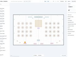 To-scale 2D event diagram editor: drag-and-drop tables, stage and AV with live seat count and capacity
