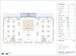 Wedding reception floor plan for 210 guests in a hotel ballroom, drawn to scale in EventDiagram