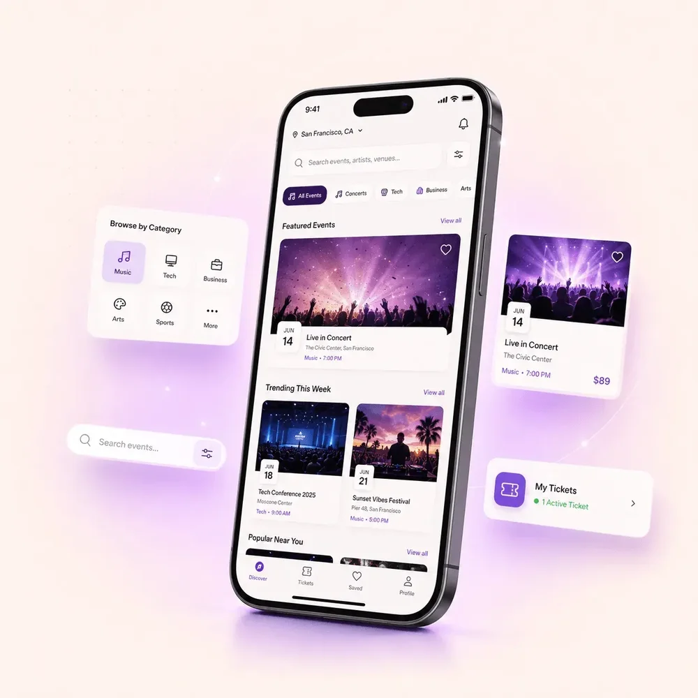 A mobile event-discovery interface in a phone mockup shows a search bar, event categories, featured concert cards, trending events, and ticket navigation.