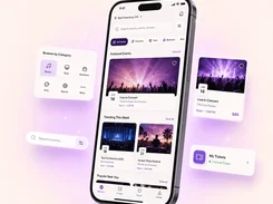 A mobile event-discovery interface in a phone mockup shows a search bar, event categories, featured concert cards, trending events, and ticket navigation.
