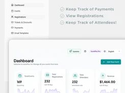 Promotional product visual showing the EventPlus Stats Dashboard with navigation, total events, registrations, attendees, revenue, and trend charts.