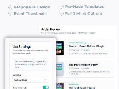 Promotional product visual showing Events List settings, styling toggles, and a preview list of sample events.