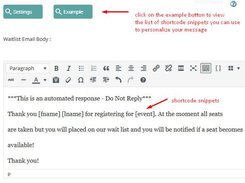 Admin editor screen for a waitlist email body, with Settings and Example buttons, formatting controls, shortcode placeholders, and red instructional annotations.