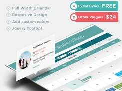 Promotional product visual showing an Events Calendar monthly calendar interface, a floating event card, feature checklist, and pricing comparison badges.