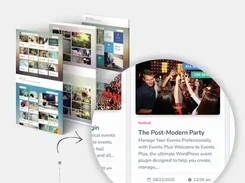 Promotional product visual for Events Grid, showing grid-style event layouts and a magnified sample event card with event filtering callout.