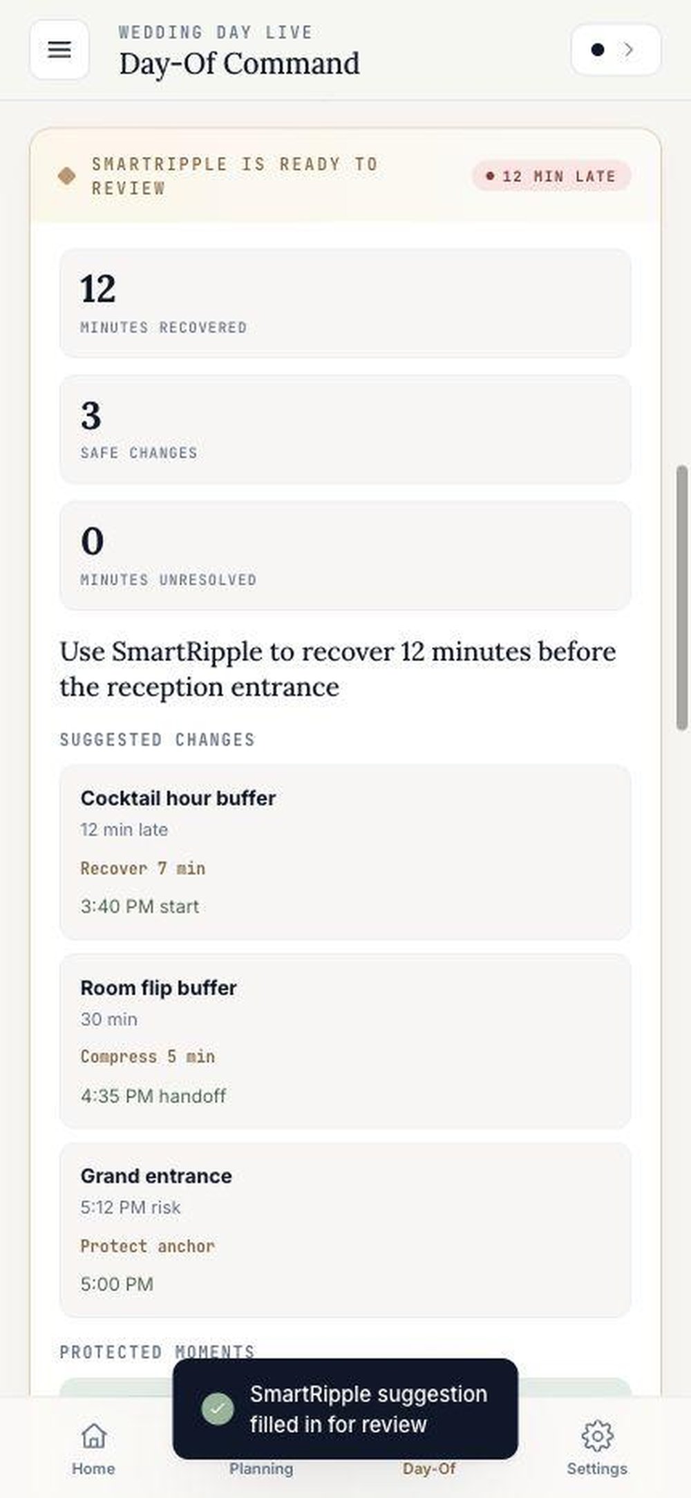 Mobile Day-Of Command screen showing SmartRipple readiness, 12 minutes recovered, safe changes, and suggested schedule adjustments.