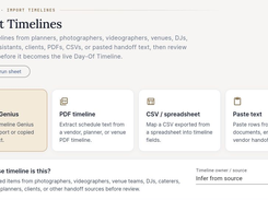 Import Timelines page with options to import a Timeline Genius export, PDF timeline, CSV or spreadsheet, or pasted text.