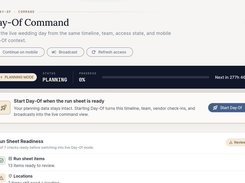 Day-Of Command dashboard showing planning status, progress, a Start Day-Of action, and run-sheet readiness checks.