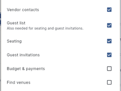 A planning-tools settings dialog with checkboxes for vendor contacts, guest list, seating, invitations, budget, venues, and photo shot list.