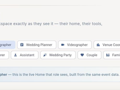 Role Planning page with role tabs including Team Lead, Photographer, Wedding Planner, Videographer, Caterer, Couple, and Family/VIP.