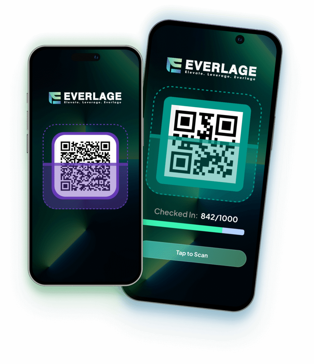 Two smartphone mockups displaying the EVERLAGE logo and a QR-code check-in screen with a checked-in count and Tap to Scan button.