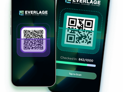 Two smartphone mockups displaying the EVERLAGE logo and a QR-code check-in screen with a checked-in count and Tap to Scan button.