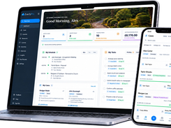 EverlyPro dashboard on a laptop and a phone: active cases, schedule, tasks and outstanding balances