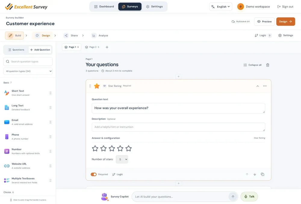 Excellent Survey survey-builder screen for a “Customer experience” survey, showing question types in a sidebar and configuration of a required five-star rating question.