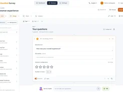 Excellent Survey survey-builder screen for a “Customer experience” survey, showing question types in a sidebar and configuration of a required five-star rating question.
