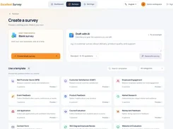 Excellent Survey create-survey screen with blank-survey and AI drafting options, plus a grid of survey templates including NPS, customer satisfaction, and employee engagement.