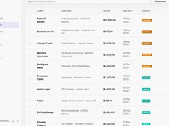 Every contract with its client, value, renewal date and status, sorted by the deadline that matters