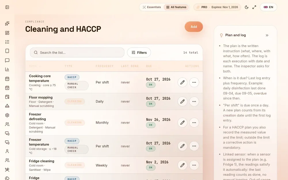 Cleaning and HACCP compliance dashboard listing scheduled checks and due dates.