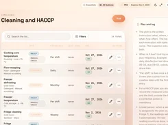 Cleaning and HACCP compliance dashboard listing scheduled checks and due dates.