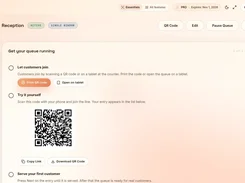Reception queue setup screen with QR-code sharing and onboarding steps.