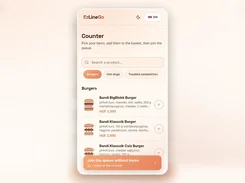 Mobile counter ordering screen with food categories, products, prices, and queue action.