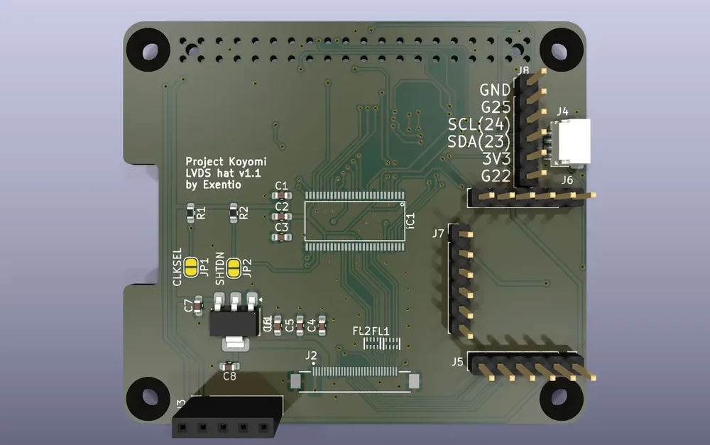 Rendered top view of a green circuit board labeled “Project Koyomi LVDS hat v1.1 by Exentio,” with headers, connectors, and surface-mount components.