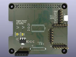 Rendered top view of a green circuit board labeled “Project Koyomi LVDS hat v1.1 by Exentio,” with headers, connectors, and surface-mount components.