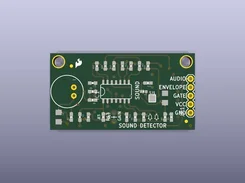 Rendered green circuit board labeled “SOUND DETECTOR,” with an integrated circuit, component footprints, and labeled audio, envelope, gate, VCC, and GND connections.