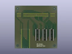 Rendered green circuit board labeled “SFC Dumper Version 0.1.0 © Pakutomon 2025,” with through-hole pads and several socket footprints.