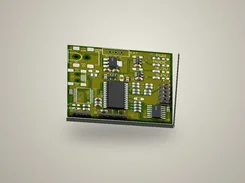 Angled render of a populated green circuit board with a USB footprint, integrated circuits, pin headers, and labels including PWR, MODE, 3.3V, and 5.0V.