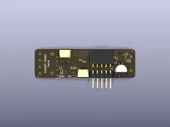 Rendered narrow brown circuit board with two white connectors, integrated circuits, a capacitor, and a row of gold pins.