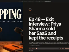 Dark podcast episode page titled “Ep 48 — Exit interview: Priya Sharma sold her SaaS and kept the receipts,” with microphone artwork and an audio player.